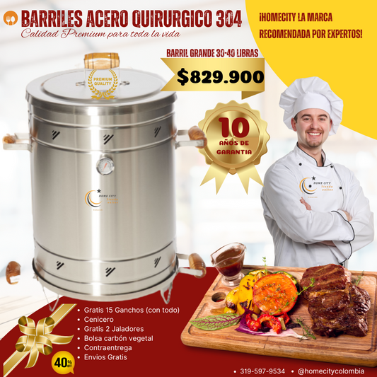 Barril Grande Acero 304 Ahumador Asador Grande Practico 30 A 40 APROX. libras Gratis 15 ganchos