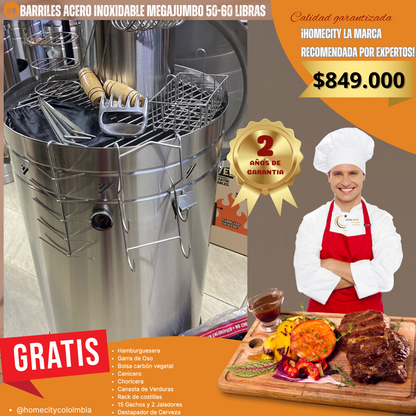 Barril Mega jumbo de 50-60 libras Para Asados al barril con Gancho de pollo, choricera