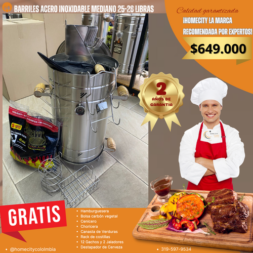 Barril Mediano Practico 25 personas aprox. de 25 a 28 libras Oferta gratis ACCESORIOS + CARBÓN