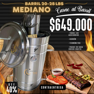 Barril Mediano Practico 25 personas aprox. de 20 a 28 libras Oferta gratis ACCESORIOS + CARBÓN