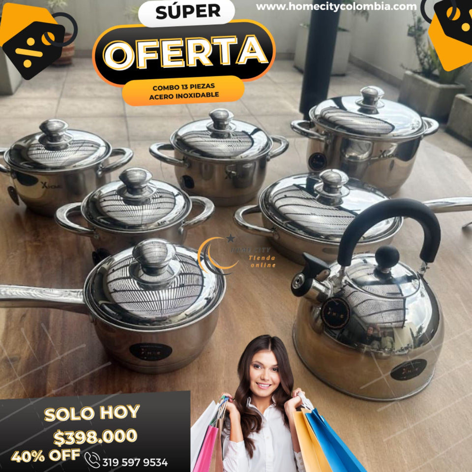 Combo Home Premium Ollas Acero Inoxidable 13 Piezas + Tetera