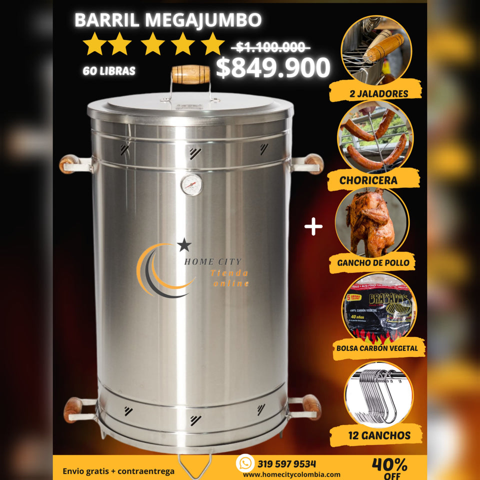 Barril Mega jumbo de 50-60 libras Para Asados al barril con Gancho de pollo, choricera